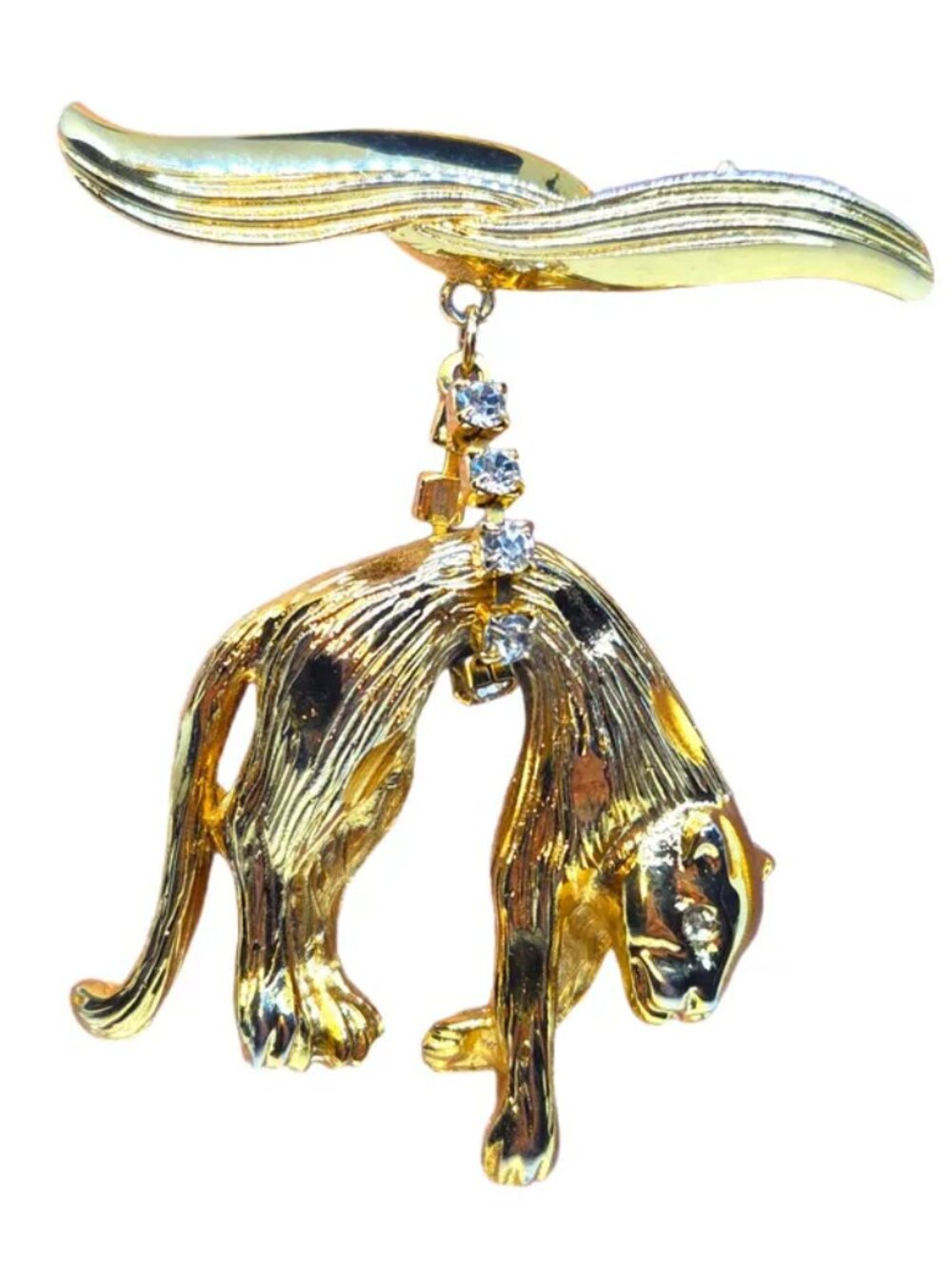 Vintage 70s Cougar/Panther Gold Tone Hanging Brooch